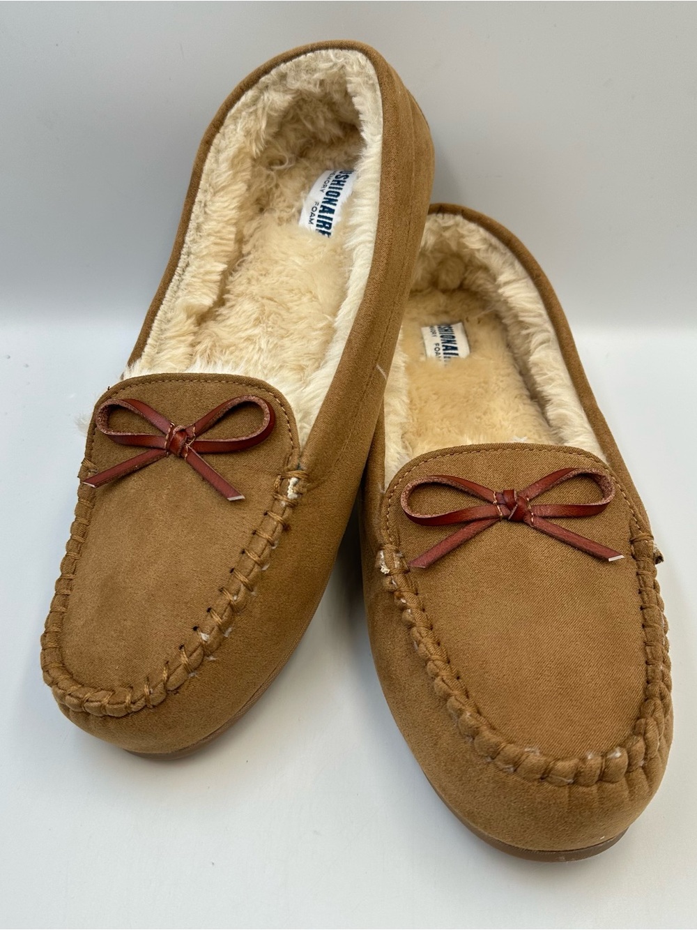 Cushionaire Sabina Moccasin Slipper Memory Foam Faux Fur Whipstitch 2 Sizes